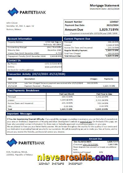 Belarus Paritet bank mortgage statement